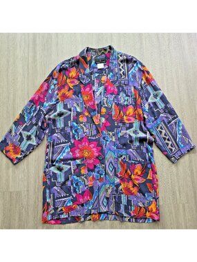 Vintage Carole Little L Boho Kimono Jacket Rayon Gauze Floral Art